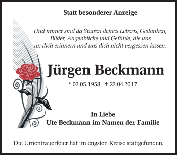 Traueranzeige von Jürgen Beckmann von trauer.stadt-panorame.de