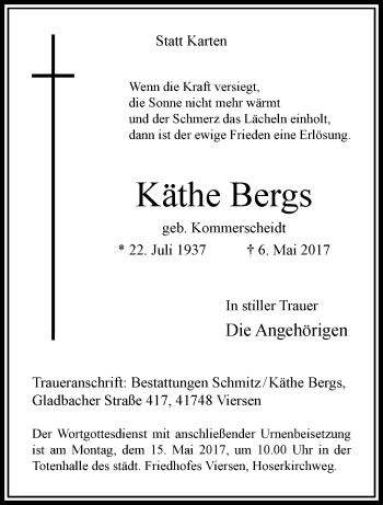 Traueranzeige von Käthe Bergs von trauer.extra-tipp-moenchengladbach.de