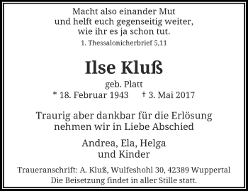 Traueranzeige von Ilse Kluß von trauer.wuppertaler-rundschau.de