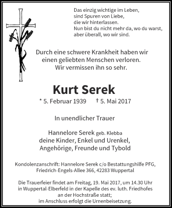 Traueranzeige von Kurt Serek von trauer.wuppertaler-rundschau.de
