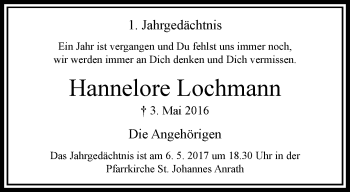 Traueranzeige von Hannelore Lochmann von trauer.extra-tipp-moenchengladbach.de