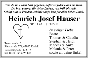 Traueranzeige von Heinrich Josef Hauser von trauer.mein.krefeld.de