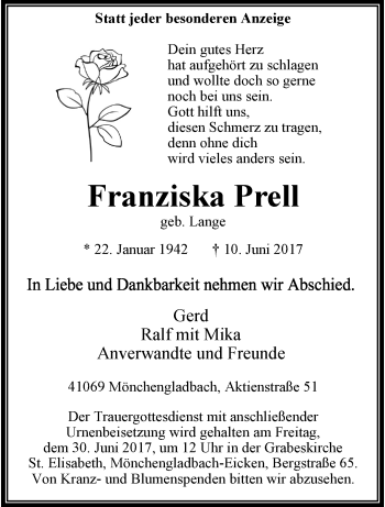 Traueranzeige von Franziska Prell von trauer.extra-tipp-moenchengladbach.de