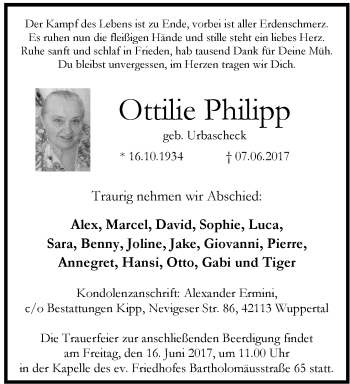 Traueranzeige von Ottilie Philipp von trauer.wuppertaler-rundschau.de