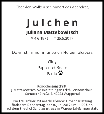 Traueranzeige von Juliana Mattekowitsch von trauer.wuppertaler-rundschau.de