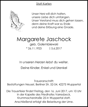 Traueranzeige von Margarete Jaschock von trauer.wuppertaler-rundschau.de