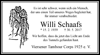 Traueranzeige von Willi Schaafs von trauer.extra-tipp-moenchengladbach.de