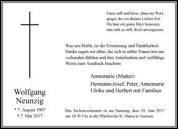 Traueranzeige von Wolfgang Neunzig von trauer.extra-tipp-moenchengladbach.de