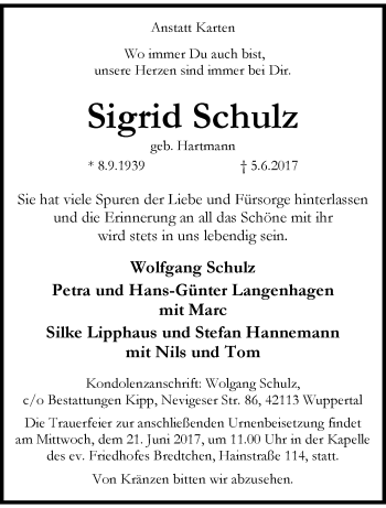 Traueranzeige von Sigrid Schulz von trauer.wuppertaler-rundschau.de