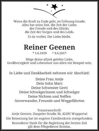 Traueranzeige von Reiner Geenen von trauer.wuppertaler-rundschau.de