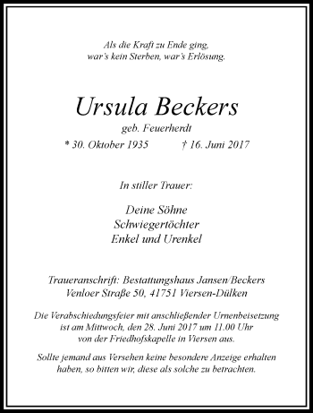 Traueranzeige von Ursula Beckers von trauer.extra-tipp-moenchengladbach.de