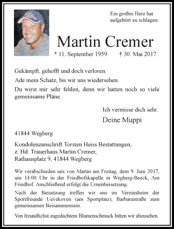 Traueranzeige von Martin Cremer von trauer.extra-tipp-moenchengladbach.de