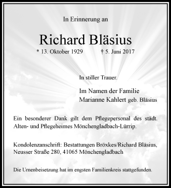 Traueranzeige von Richard Bläsius von trauer.extra-tipp-moenchengladbach.de