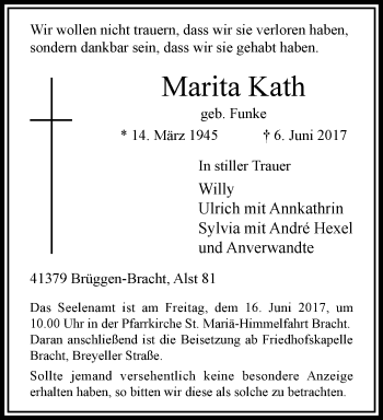 Traueranzeige von Marita Kath von trauer.extra-tipp-moenchengladbach.de