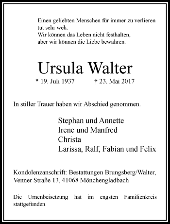 Traueranzeige von Ursula Walter von trauer.extra-tipp-moenchengladbach.de