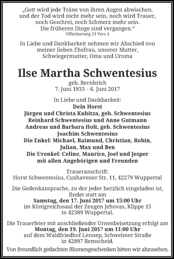 Traueranzeige von Ilse Martha Schwentesius von trauer.wuppertaler-rundschau.de