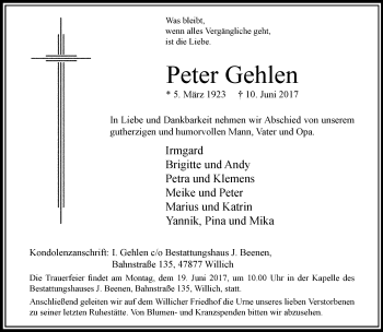 Traueranzeige von Peter Gehlen von trauer.extra-tipp-moenchengladbach.de