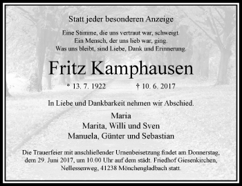 Traueranzeige von Fritz Kamphausen von trauer.extra-tipp-moenchengladbach.de