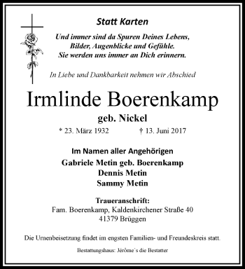 Traueranzeige von Irmlinde Boerenkamp von trauer.extra-tipp-moenchengladbach.de