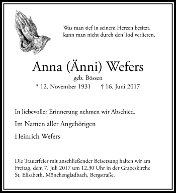 Traueranzeige von Anna Wefers von trauer.extra-tipp-moenchengladbach.de