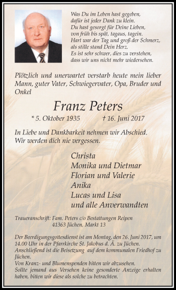 Traueranzeige von Franz Peters von trauer.stadt-kurier.de