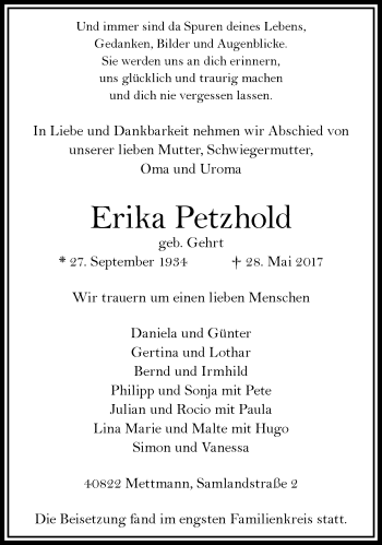 Traueranzeige von Erika Petzhold von trauer.duesseldorfer-anzeiger.de