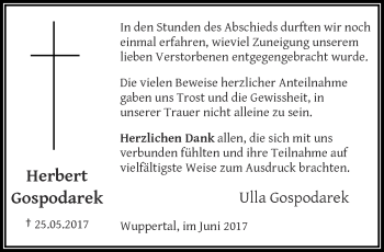 Traueranzeige von Herbert Gospodarek von trauer.wuppertaler-rundschau.de