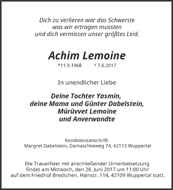 Traueranzeige von Achim Lemoine von trauer.wuppertaler-rundschau.de