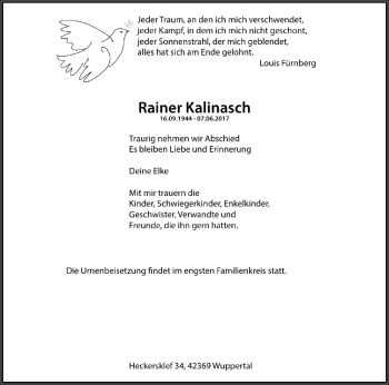 Traueranzeige von Rainer Kalinasch von trauer.wuppertaler-rundschau.de