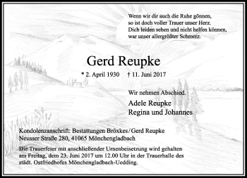 Traueranzeige von Gerd Reupke von trauer.extra-tipp-moenchengladbach.de