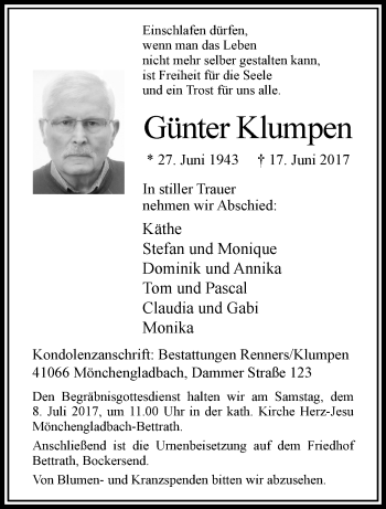 Traueranzeige von Günter Klumpen von trauer.extra-tipp-moenchengladbach.de