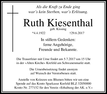 Traueranzeige von Ruth Kiesenthal von trauer.mein.krefeld.de