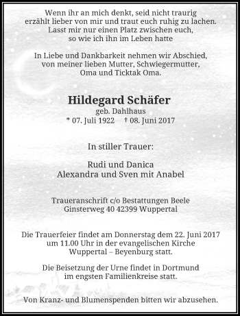 Traueranzeige von Hildegard Schäfer von trauer.wuppertaler-rundschau.de