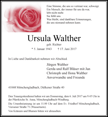 Traueranzeige von Ursula Walther von trauer.extra-tipp-moenchengladbach.de