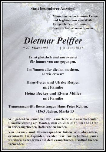 Traueranzeige von Dietmar Peiffer von trauer.stadt-kurier.de