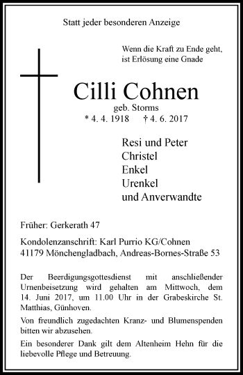 Traueranzeige von Cilli Cohnen von trauer.extra-tipp-moenchengladbach.de