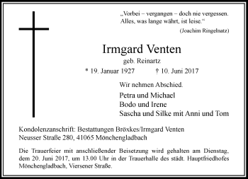 Traueranzeige von Irmgard Venten von trauer.extra-tipp-moenchengladbach.de