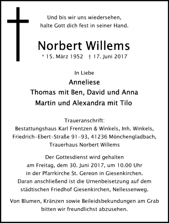 Traueranzeige von Norbert Willems von trauer.extra-tipp-moenchengladbach.de