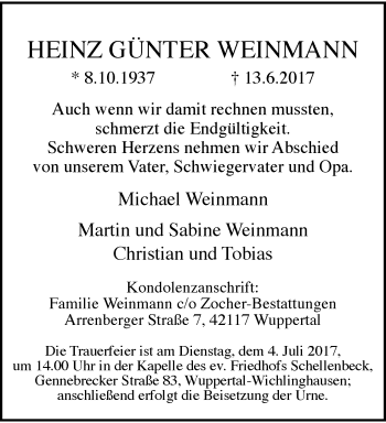 Traueranzeige von Heinz Günter Weinmann von trauer.wuppertaler-rundschau.de