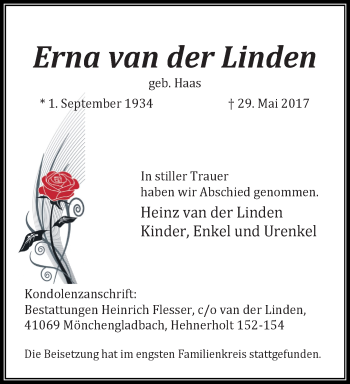 Traueranzeige von Erna van der Linden von trauer.extra-tipp-moenchengladbach.de