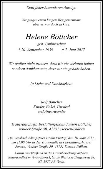 Traueranzeige von Helene Böttcher von trauer.extra-tipp-moenchengladbach.de