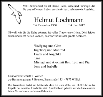 Traueranzeige von Helmut Lochmann von trauer.extra-tipp-moenchengladbach.de