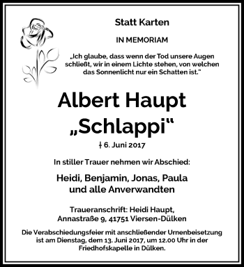 Traueranzeige von Albert Haupt von trauer.extra-tipp-moenchengladbach.de