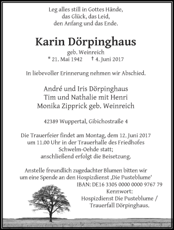 Traueranzeige von Karin Dörpinghaus von trauer.wuppertaler-rundschau.de