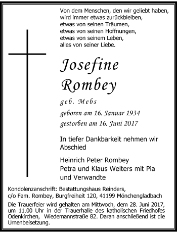 Traueranzeige von Josefine Rombey von trauer.extra-tipp-moenchengladbach.de