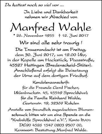 Traueranzeige von Manfred Wahle von trauer.wuppertaler-rundschau.de