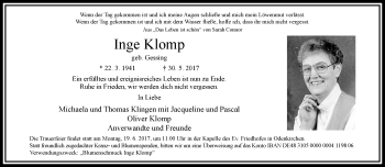 Traueranzeige von Inge Klomp von trauer.extra-tipp-moenchengladbach.de