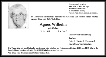 Traueranzeige von Agnes Wilhelm von trauer.extra-tipp-moenchengladbach.de