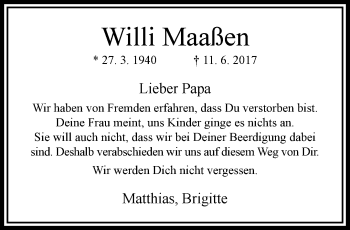 Traueranzeige von Willi Maaßen von trauer.extra-tipp-moenchengladbach.de