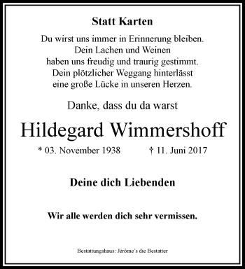 Traueranzeige von Hildegard Wimmershoff von trauer.extra-tipp-moenchengladbach.de